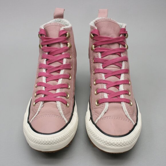 Converse Ladies 8.5 Chuck Taylor All Star Hiker Boots Pink Leather Sherpa Shoes - Picture 5 of 12